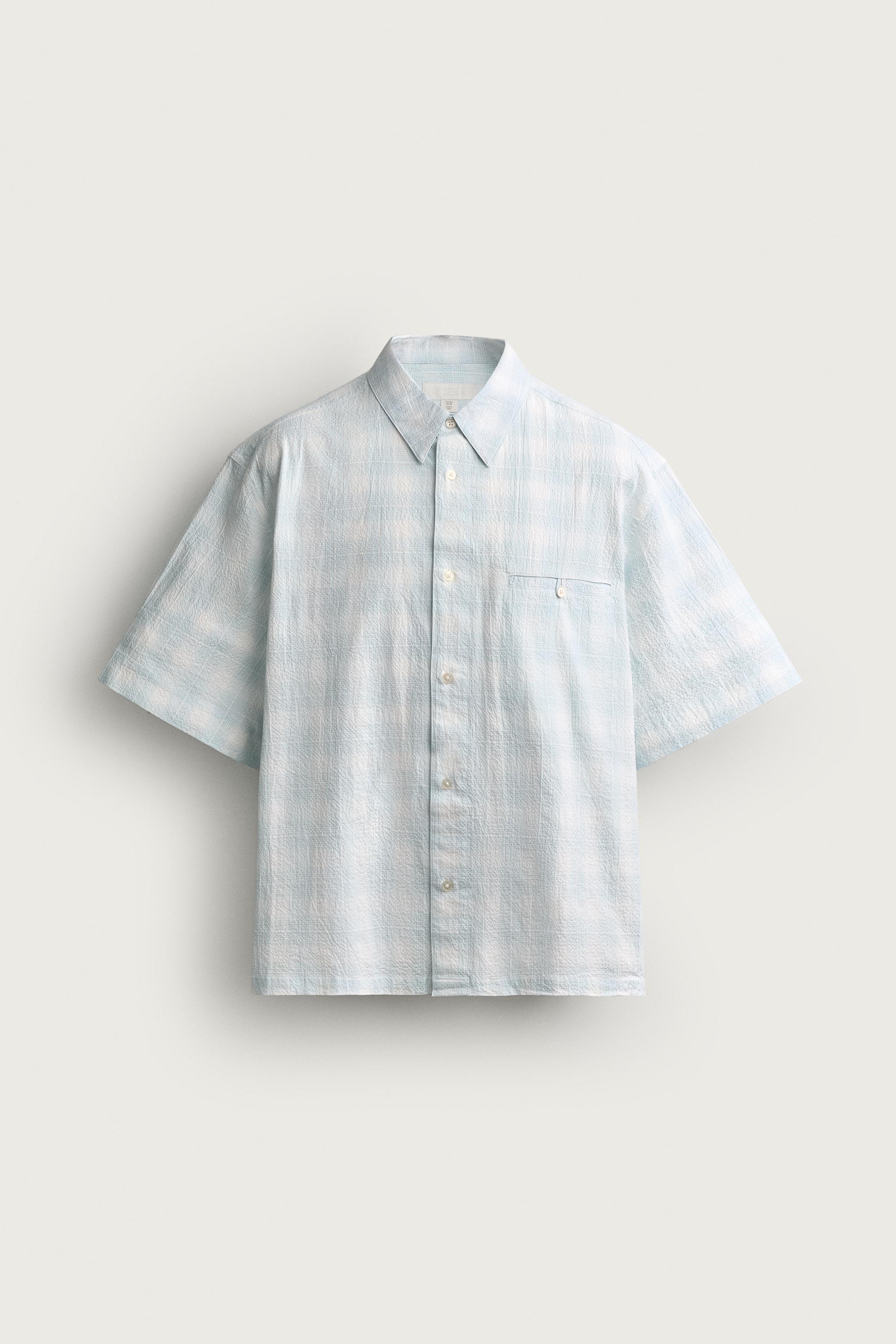 PLAID RELAXED FIT DENIM SHIRT — Sky blue