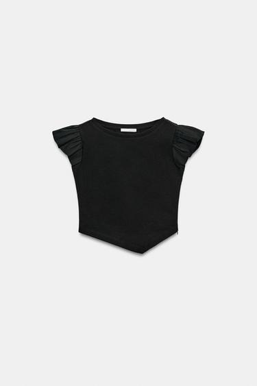 SHORT SLEEVE T-SHIRT WITH RUFFLES - Black by Zara