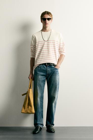 T-SHIRT RELAXED FIT JACQUARD À RAYURES - Rose clair de Zara - Image 0