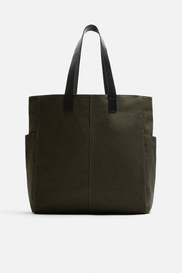 FABRIC AND LEATHER SHOPPER BAG - Khaki Green by Zara - Image 0