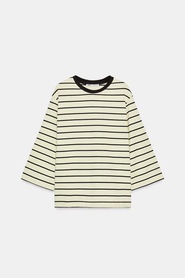 Zara THREE-QUARTER SLEEVE T-SHIRT - Ecru / Brown