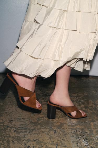 SPLIT SUEDE BLOCK HEEL SANDALS - Brown by Zara - Image 0