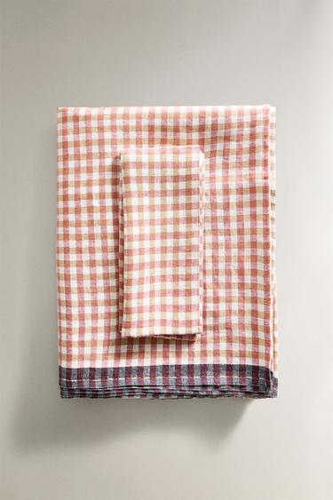CONTRAST GINGHAM LINEN TABLECLOTH - Terracotta by Zara - Image 0