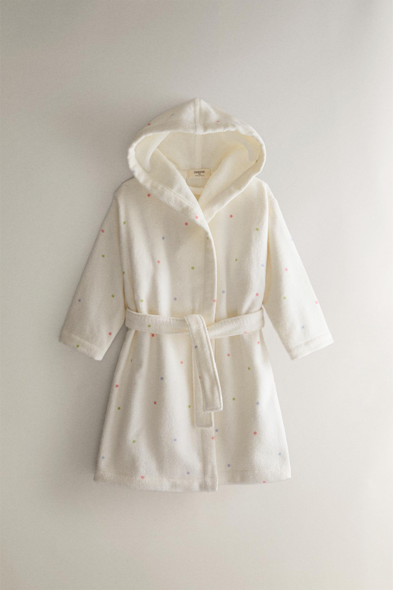 KIDS' VELOUR POLKA DOT BATHROBE — Oyster-white