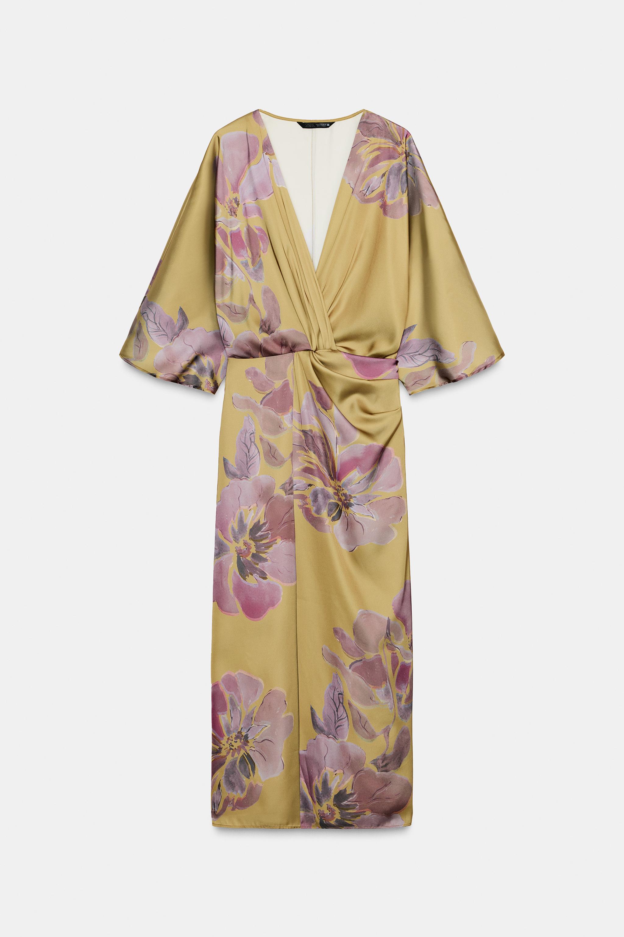 プリント柄サテンミディ丈ワンピース - ブラウン/グリーン