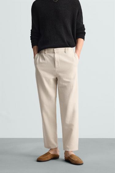 TEXTURED COTTON - LINEN TROUSERS - Light beige by Zara