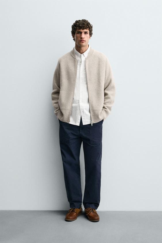 100% WOOL KNITTED BOMBER JACKET - Grey / Beige by Zara - Image 0