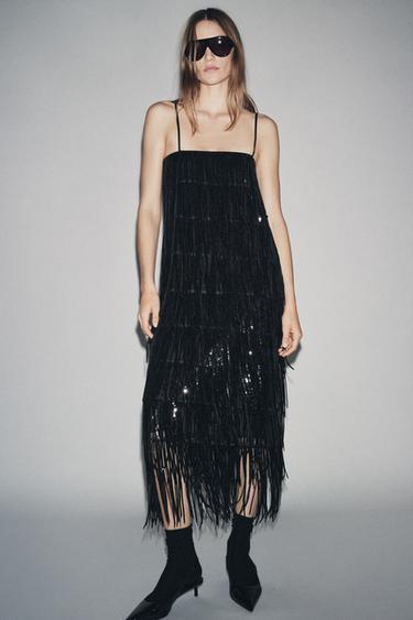 Zara ZW COLLECTION 限量版亮片流蘇洋裝 - 黑色