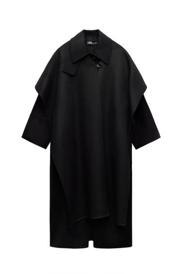 Front view of a black coat with a collar and wide sleeves.