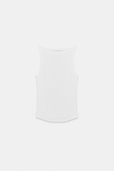 Zara WASHED EFFECT RIB HALTER TOP - White