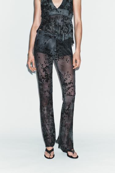 FLOCKED TULLE FLARE TROUSERS - Dark navy by Zara - Image 1