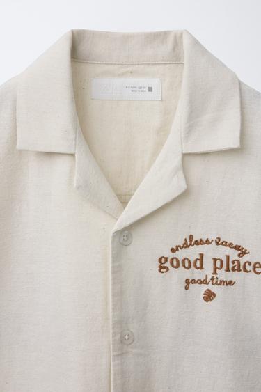 LINEN BLEND EMBROIDERED TEXT SHIRT - Ecru by Zara - Image 2