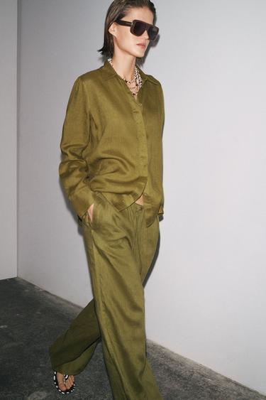 Zara 100% LINEN PALAZZO PANTS ZW COLLECTION - Olive green - Image 0