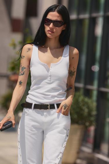 Zara BUTTONED LINEN BLEND TOP - White