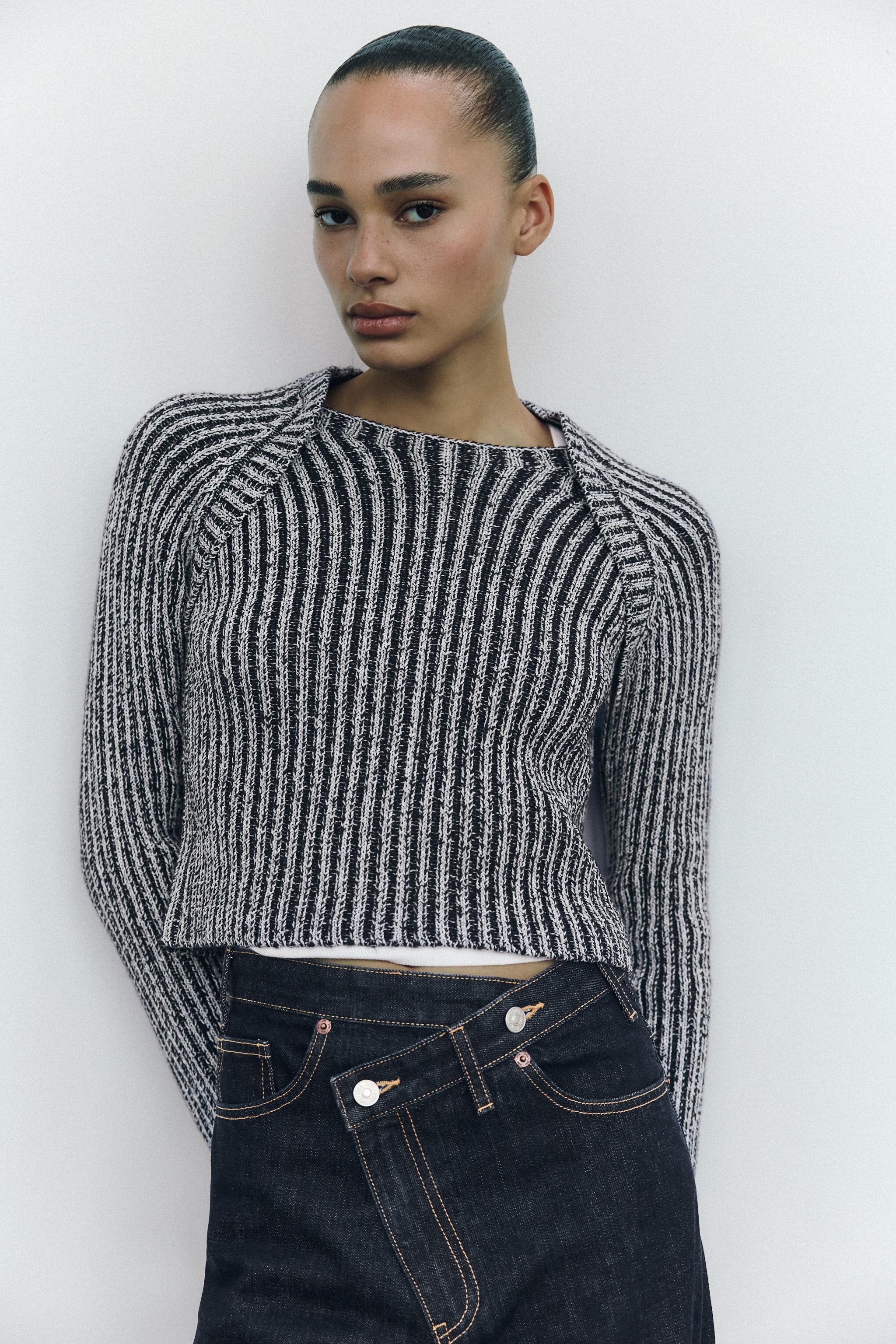 Zara Crop Ribbed Knit Sweater Blue Indigo Women