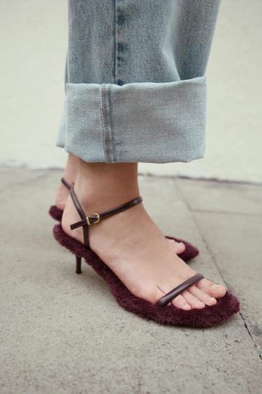 FAUX FUR SOLE HEELED SANDALS - Burgundy Red by Zara - Image 0
