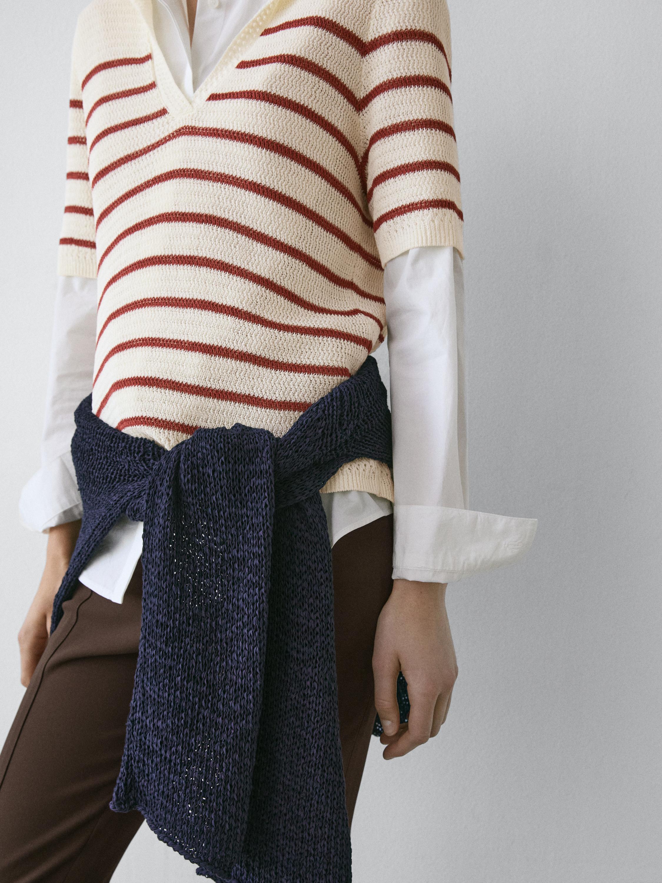 Striped cotton blend knit polo shirt