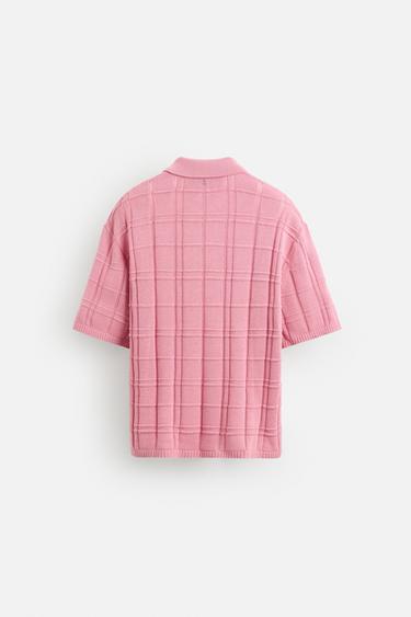 CHECKERED JACQUARD KNIT POLO SHIRT - Pink by Zara - Image 7
