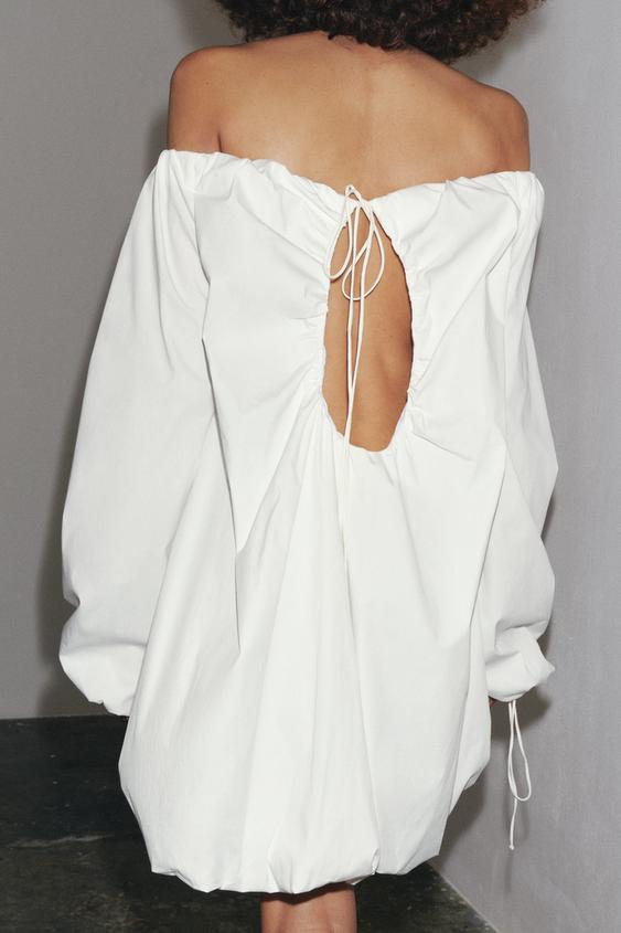 Zara White Dress With Puff Sleeves Zara Bubble Sleeve Ribbon