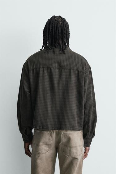 CHEMISE À CARREAUX EN COTON ET LIN - Marron foncé de Zara - Image 2