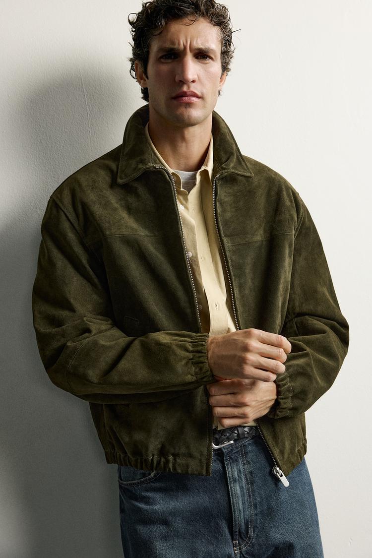 REGULAR FIT SUEDE JACKET — GREEN