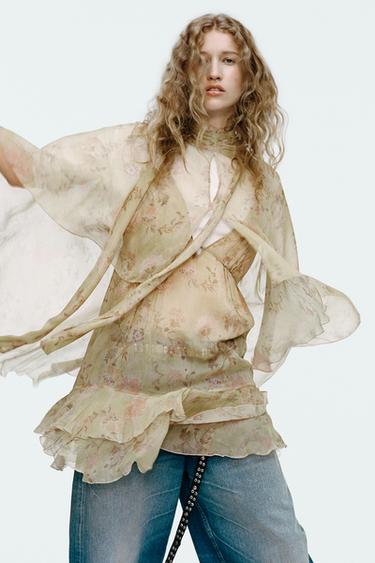 Zara PRINTED COTTON GAUZE CAPE DRESS ZW COLLECTION - Light green