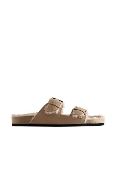 Zara WARM DOUBLE-BUCKLE SPLIT LEATHER SANDALS - Off White