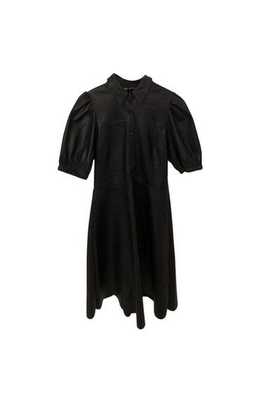 Front view of a black dress with puffed sleeves and a central button fastening.