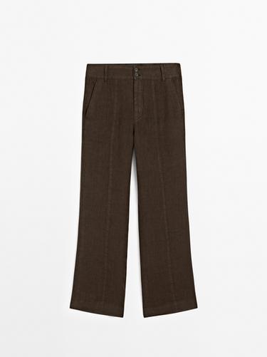 Zara 100% linen kick flare fit trousers - Chocolate