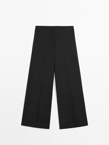 Zara Wide-leg cropped stretch wool trousers - Black