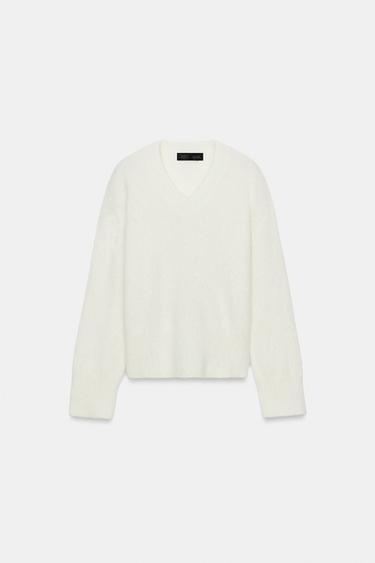 Zara WOOL BLEND V-NECK JUMPER - Ecru