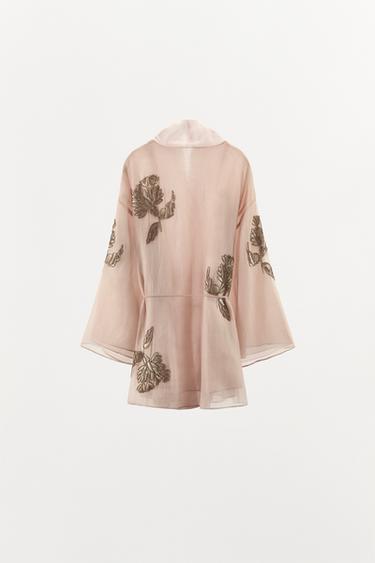 SHORT SILK KIMONO WITH BEADS - Pink by Zara - Image 4