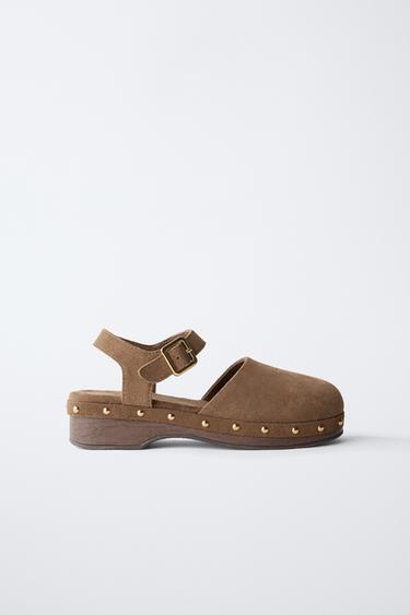 Zara SPLIT LEATHER CLOGS - Brown - Image 0