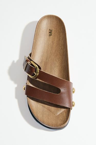 Zara LEATHER STRAP PLATFORM SANDALS - Brown