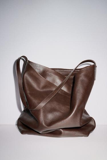 DOUBLE COMPARTMENT LEATHER BUCKET BAG - Burgundy Red by Zara