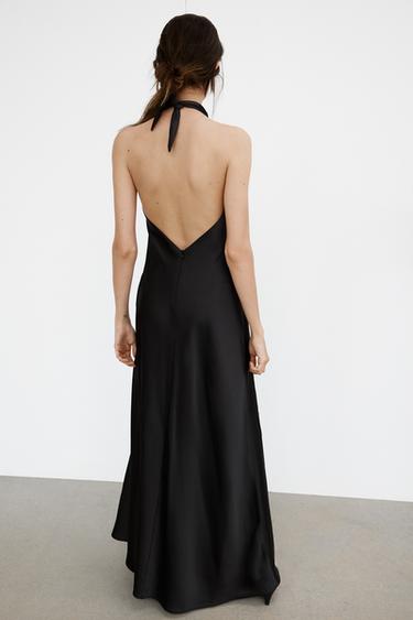 LONG SATIN HALTER DRESS - Black by Zara