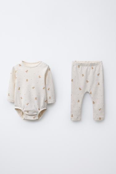 Zara BEAR BODYSUIT AND LEGGINGS SET - Ecru / Marl