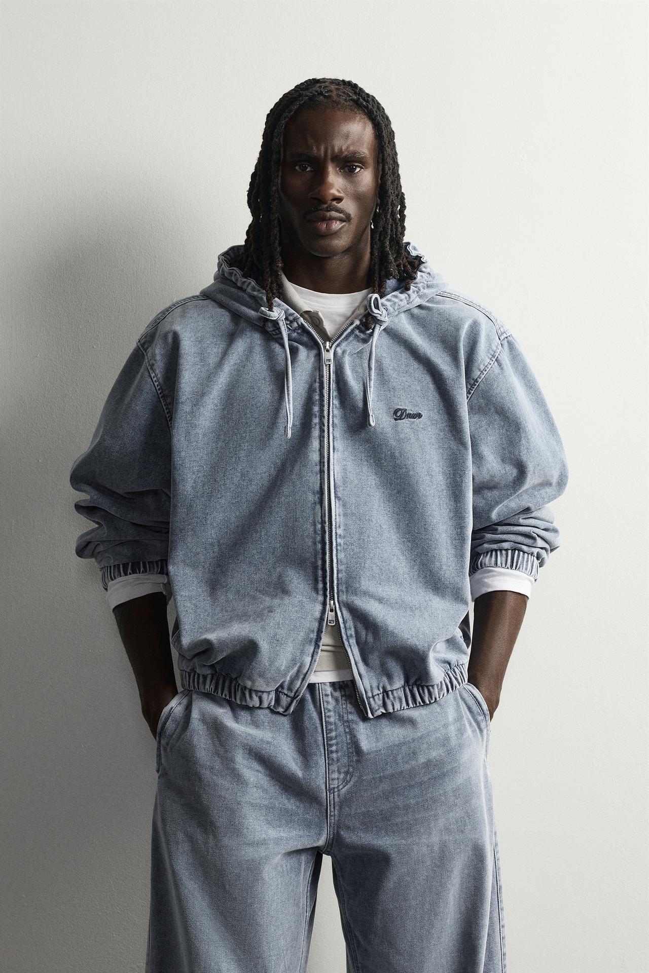 FLEECE-LINED DENIM HOODIE — Light blue