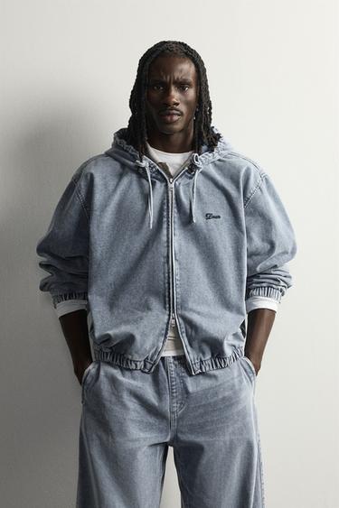 FLEECE-LINED DENIM HOODIE — Light blue 2