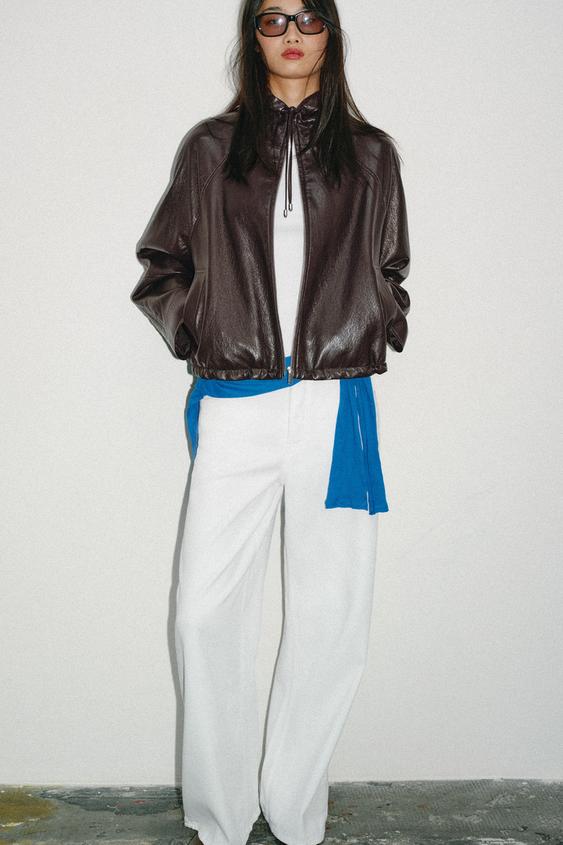 HOODED FAUX LEATHER JACKET