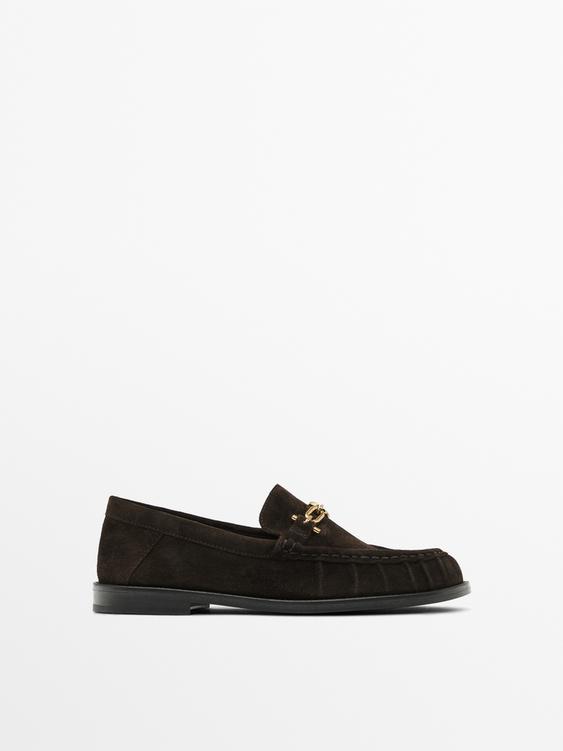 Split suede loafers with metal appliqué