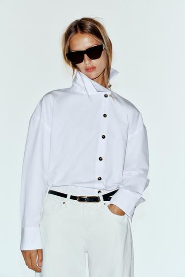 HIGH-NECK POPLIN SHIRT — White 2