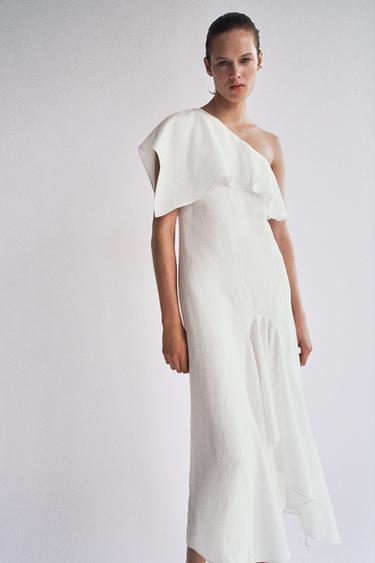 VESTIDO ASIMÉTRICO VOLANTES MEZCLA LINO ZW COLLECTION - Blanco roto de Zara