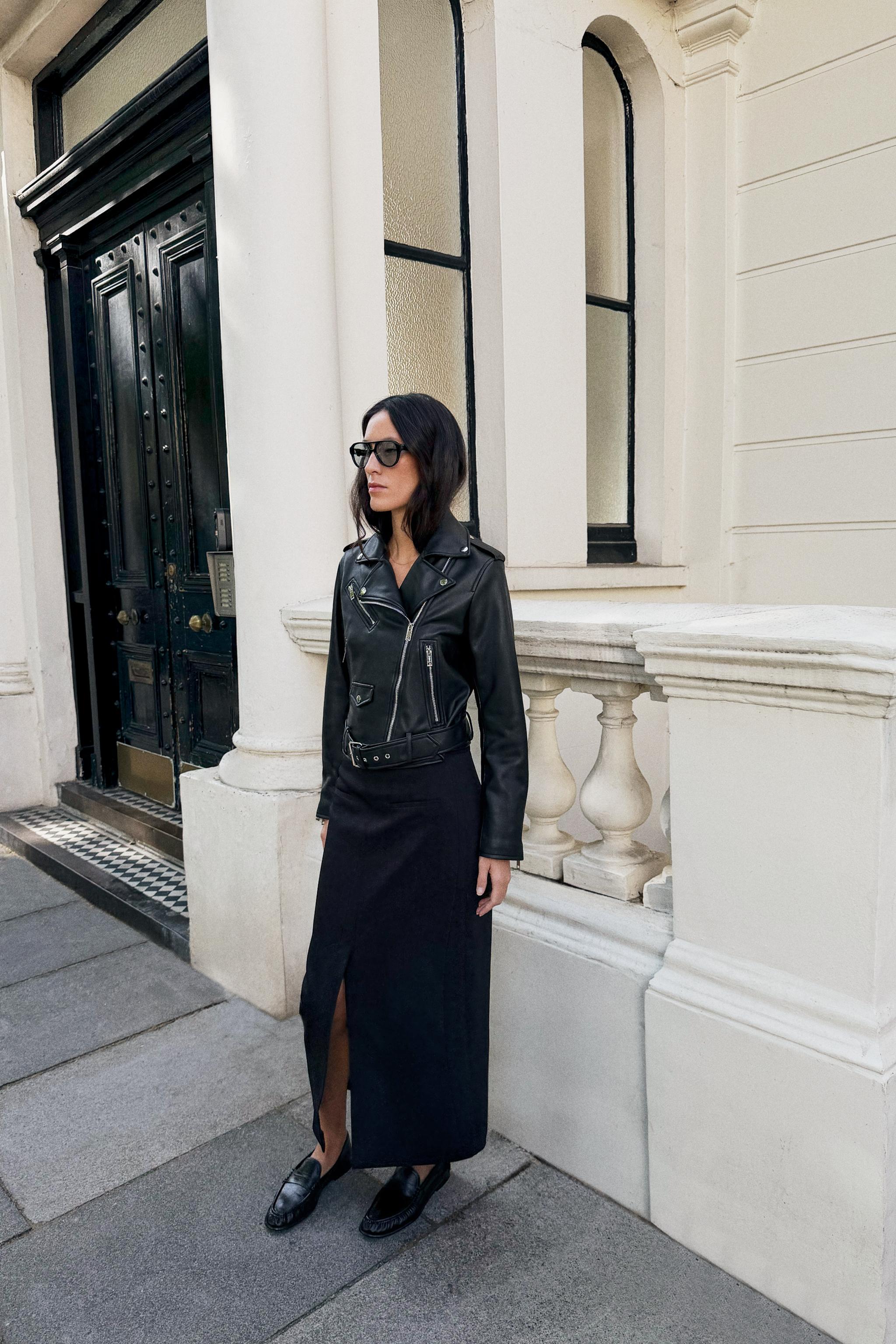 CROPPED FAUX LEATHER BIKER JACKET — Black