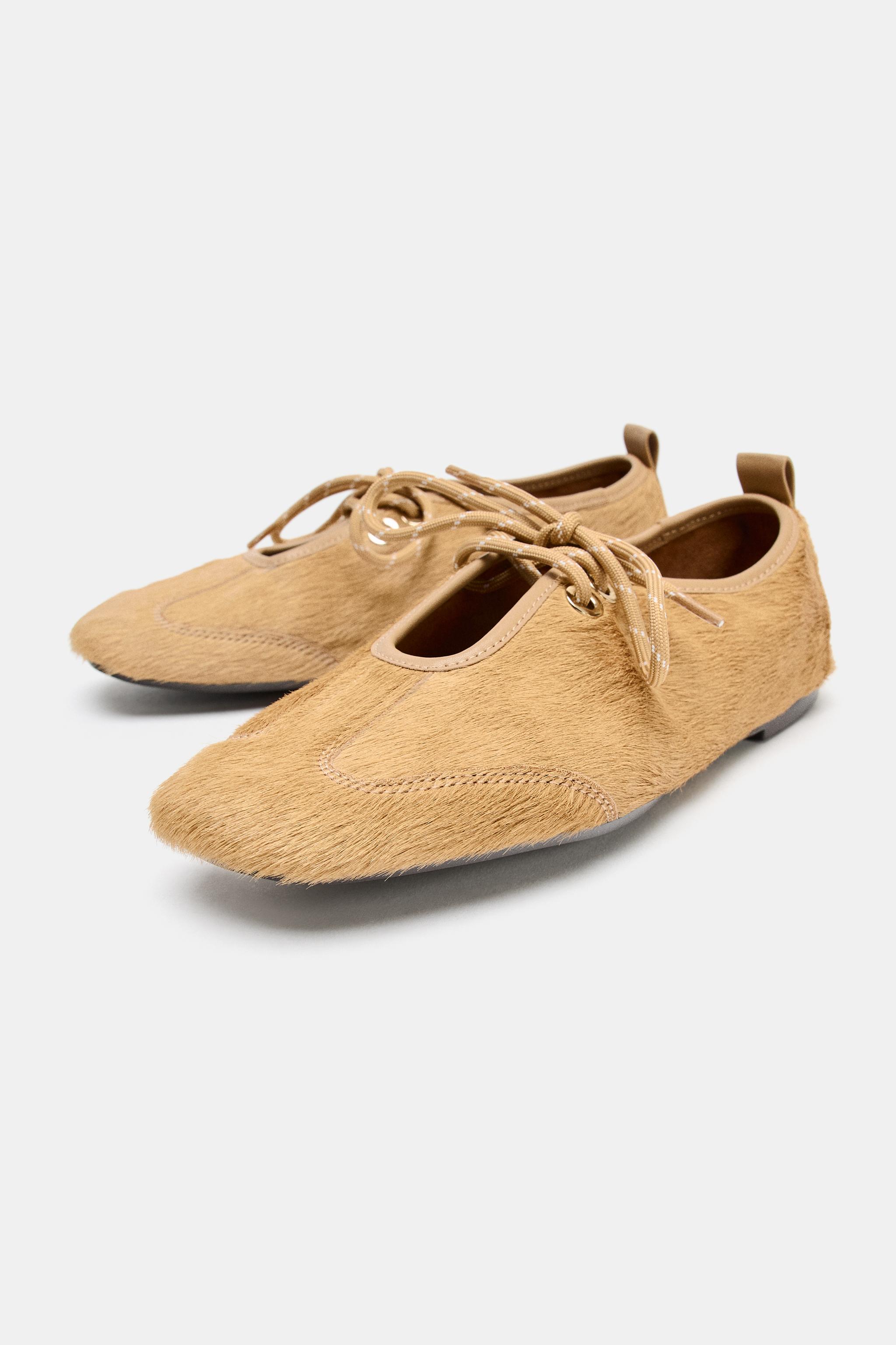 LEATHER BALLET FLATS WITH SHEEPSKIN — Sand Brown