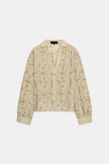 SHIRT WITH CUTWORK EMBROIDERY - Light khaki by Zara - Image 7