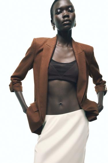 Zara LINEN BLEND ROLLED-SLEEVE BLAZER - Chocolate