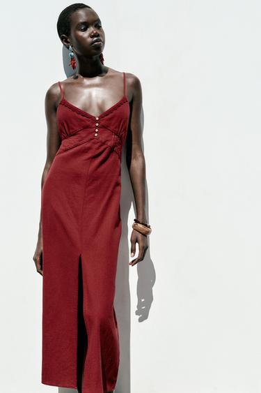 ROBE MIDI À BRETELLES AVEC LIN - Bordeaux de Zara
