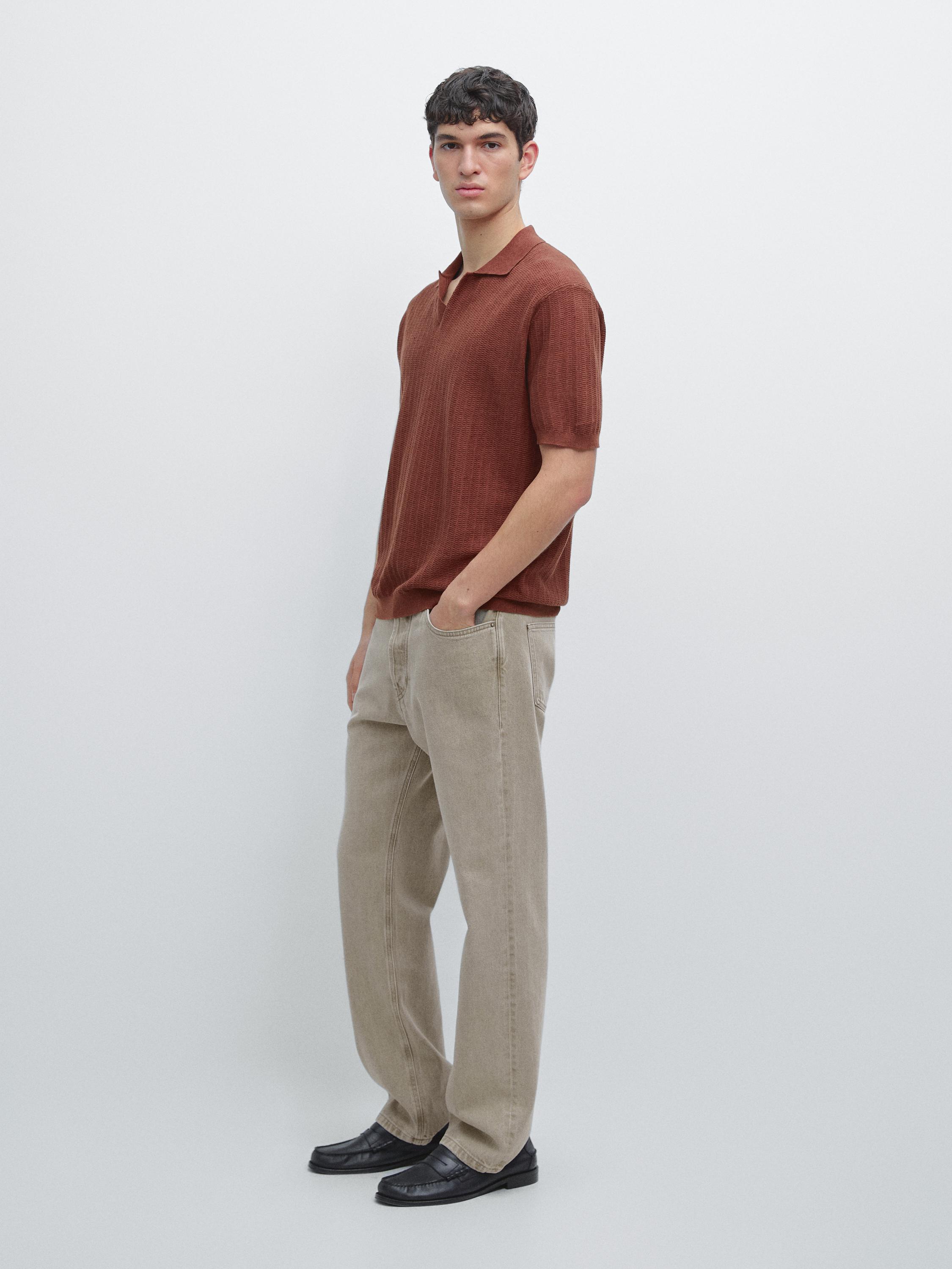 Short sleeve cotton and linen blend knit polo shirt