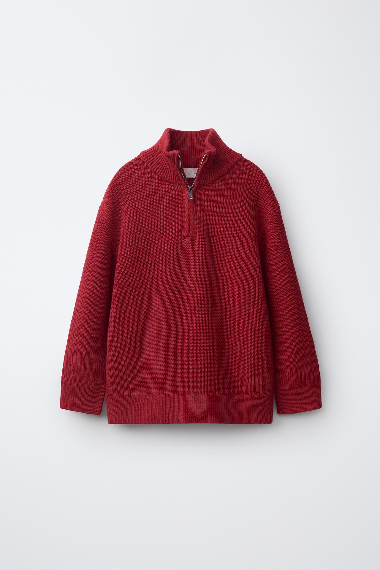 ZIP-UP KNIT SWEATER — Red